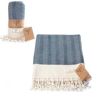 NWT Smyrna Turkish Blue &  Cream Bath Throw Blanket ( Approx 60x50)